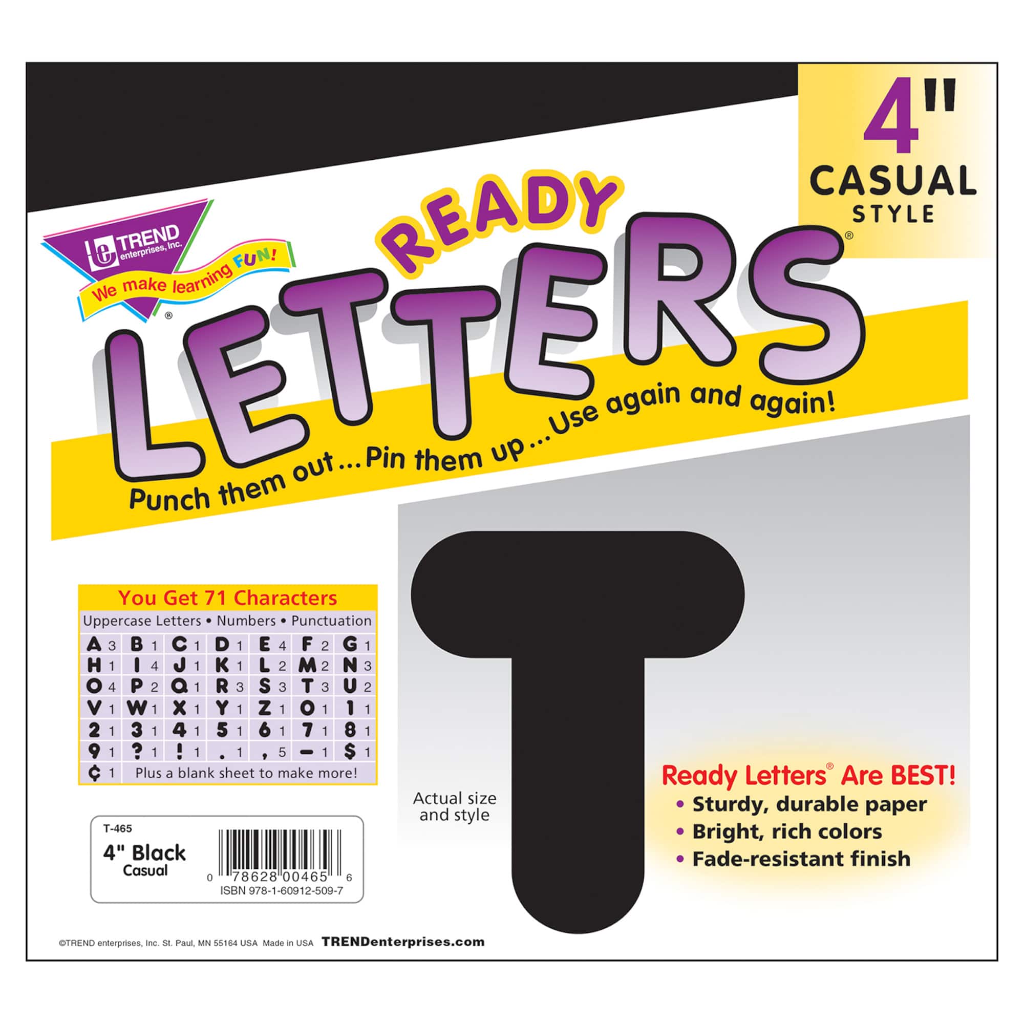 Trend Black 4" Casual Uppercase Ready Letters®, 6 Pack